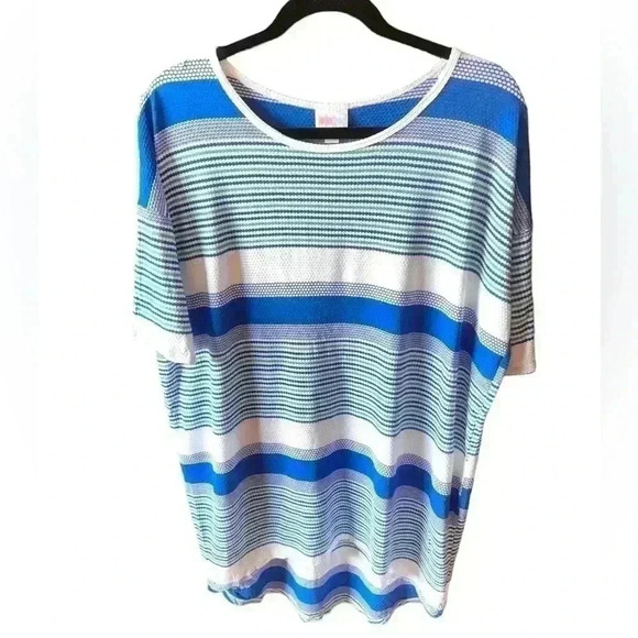 Lularoe small Irma tunic top in‎ blue & green  stripe NWT. Yummy soft .70s retro - Picture 1 of 7